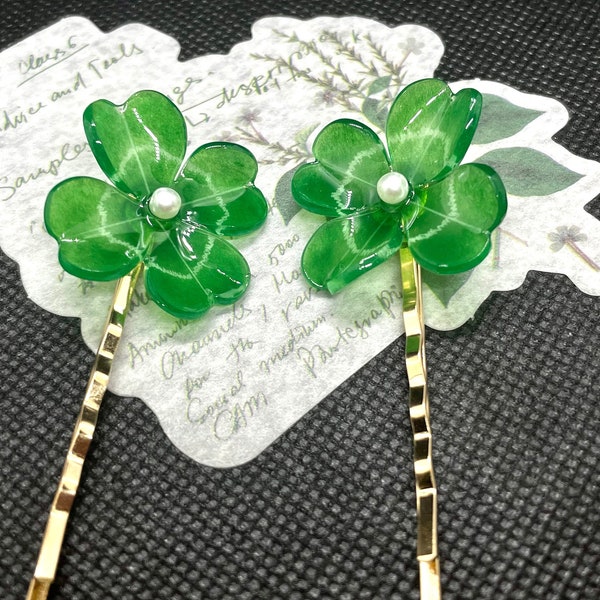 green handmade lucky clover hair pin, 4-leaf clover hair pin, gift for her, personalized jewellry, handmade hair clip, vintage hair pins