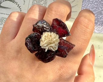 Raw Garnet Ring with Desert Rose Center, Natural Red Mineral Flower Ring, One of a Kind Statement Jewelry