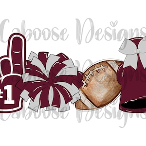 May include: A maroon and white cheerleading set with a football, a pom-pom, a cheerleading glove with the number "#1" on it, and a maroon cheerleading megaphone with a white bow.