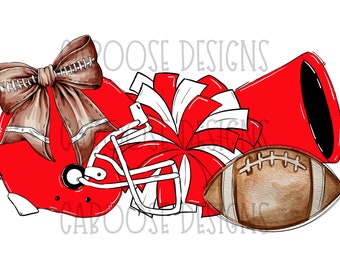 Peut inclure: Un casque de football rouge avec un nœud brun, un pompon rouge et blanc et un ballon de football brun. Le ballon de football a des coutures blanches.