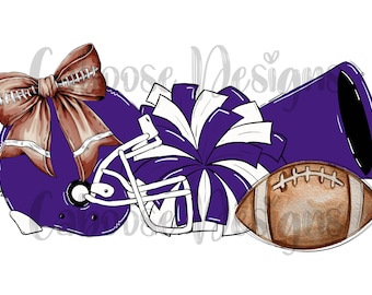 May include: Purple football helmet with a brown bow, a purple and white pom-pom, and a purple megaphone. A brown football is in the foreground.