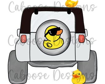 May include: A white Jeep with a yellow rubber ducky on the roof and a yellow rubber ducky with sunglasses on the spare tire.