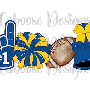 Può includere: Un set di cheerleading blu e giallo con un pallone da football, un pompon, un dito di cheerleading e una campana di cheerleading. Il dito ha il numero "#1" su di esso.