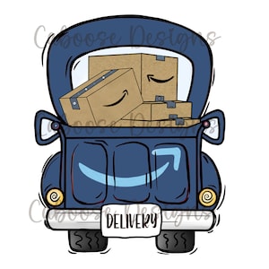 May include: A blue pickup truck with a white "DELIVERY" license plate. The truck bed is filled with brown cardboard boxes with the Amazon logo.