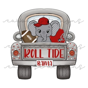 Peut inclure: Illustration d'un camion gris avec un éléphant portant une casquette de baseball rouge, un ballon de football et un casque rouge. Le camion affiche "ROLL TIDE" et "BAMA".