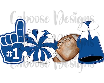 May include: A blue and white cheerleading pom pom, a blue foam finger with the number "#1" on it, a brown football, and a blue cheerleader's megaphone with a white bow.