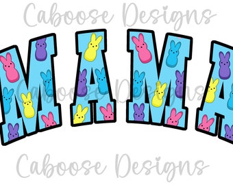 Puede incluir: Un fondo azul con la palabra "MAMA" en letras blancas delineadas. Las letras están llenas de un patrón de formas de conejitos de Pascua de color rosa pastel, amarillo, azul y morado.