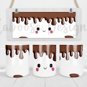 May include: White ceramic mugs with a brown chocolate drip design and a cute marshmallow face. The mugs have a handle and a brown chocolate spot at the bottom. A matching sign with the same design hangs above the mugs.