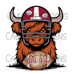 May include: A brown and white Highland cow wearing a red and white football helmet and holding a football with the words "Roll Tide" on it.