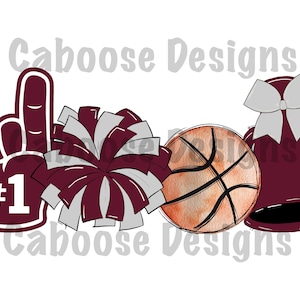 May include: A maroon and white cheerleading pom pom, a maroon foam finger with the number "#1" on it, a brown basketball, and a maroon bell with a white bow. The text "Caboose Designs" is visible at the top and bottom of the image.