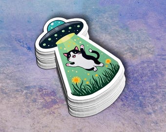 Cat Abduction UFO Vinyl Sticker • Cartoon Space Cat