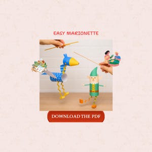 Könnte beinhalten: Ein Bastelprojekt mit dem Titel EASY MARIONETTE, bestehend aus einem blauen Vogel und einem grünen Elfen aus Papierrollen. Das Set enthält hölzerne Steuerstäbe und Schnüre zur Bewegung. Der Text unten lautet DOWNLOAD THE PDF.