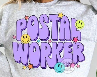 Retro postarbetare png, sublimeringsdesigner för postdame, brevbärare png, posttjänstpostkontor, groovy, digital nedladdning av utskriftsfil