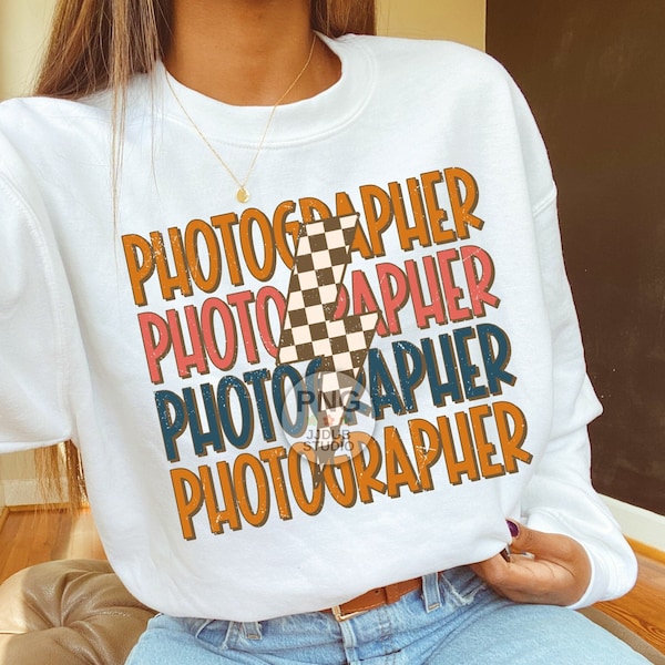 Photographer Png, Photographer Sublimation Designs, Photography Png, Retro Checkered Lightning Bolt, Print File Digital Download