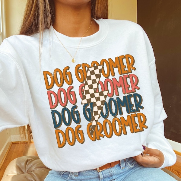 Dog Groomer Png, Dog Groomer Sublimation Designs, Pet Grooming Png for Sublimation, Retro Checkered Lightning Bolt