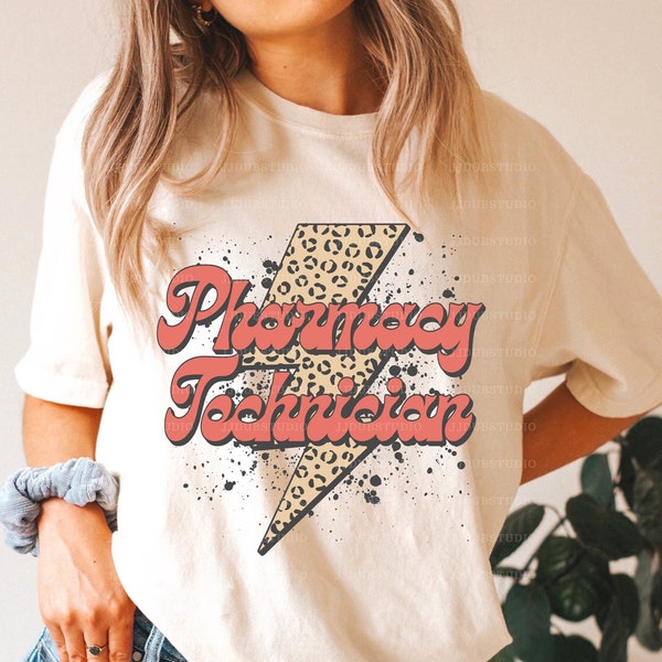 Pharmacy Technician Png, Pharmacy Tech Sublimation Designs, Pharm Tech Png Print File Download, Retro Leopard Lightning Bolt