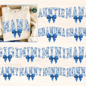 May include: A set of 10 blue and white floral patterned designs with blue bows. The designs include the words "Auntie Mama", "Grandma Granny", "Gigi Mimi", "Miminana", and "Mammy Nanny Nonnie Nonna".