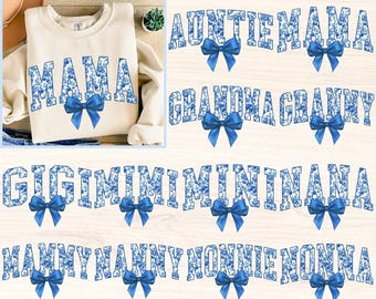 Toile Chinoiserie Mama Png, Toile Coquette Bow Nana Auntie Mimi Gigi Png Bundle, Blue Watercolor Floral Ribbon Granny Grandma Nonna Gammy