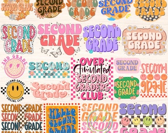 Tweede leerjaar png-bundel, tweede leerjaar png, tweede leerjaar leraar sublimatieontwerpen, terug naar school cadeau, retro groovy bloemen, leerjaar niveau png
