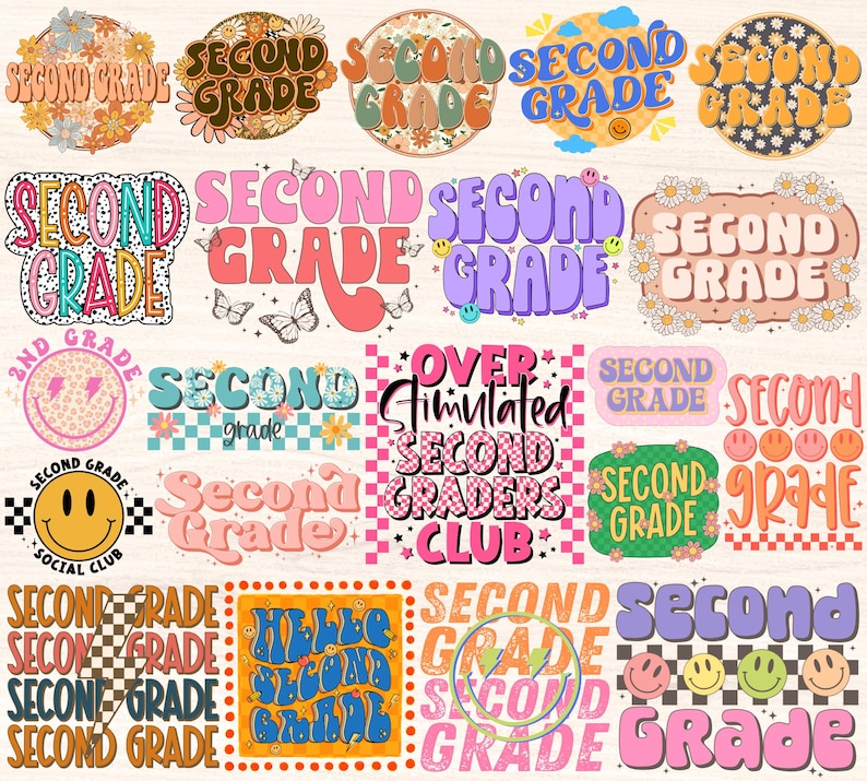 May include: A collection of colorful, retro-style graphics featuring the text "Second Grade" in various fonts and designs. Some graphics include smiley faces, butterflies, and checkered patterns.