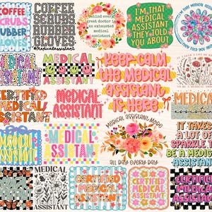 Puede incluir: Una colección de diseños digitales coloridos con texto relacionado con asistentes médicos. Los diseños incluyen frases como "Asistente Médico" y "Asistente Médico Certificado". Se incorporan elementos florales y estampados.