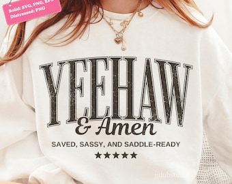 Christian Yeehaw Amen Svg Png, Western Christian Bible Verse Shirt Design, geloof religieus land Cowgirl schrift sublimatie downloaden