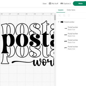 May include: A digital design for a layered cut file of the text "Postal worker" in black. The design is shown on a grid background.