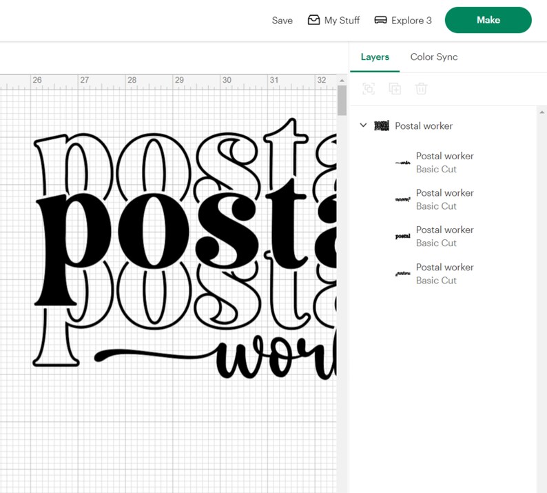 May include: A digital design for a layered cut file of the text "Postal worker" in black. The design is shown on a grid background.