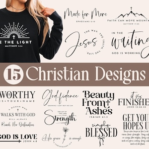 Könnte beinhalten: Eine Sammlung von 15 christlichen Designs mit inspirierenden Zitaten und Bibelversen. Die Designs beinhalten Sätze wie "Sei das Licht", "Würdig ist dein Name", "Gott ist Liebe", "Gottesvertrauen", "Schönheit aus der Asche", "Es ist vollbracht" und "Fasse Mut".