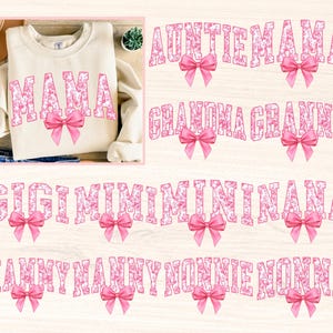 Puede incluir: Un conjunto de 10 transferencias para planchar con diseños florales rosas y varios nombres, incluyendo "Auntie Mama", "Grandma Granny", "Gigi Mimi", "Minina Nana", "Mammy Nanny" y "Nonnie Nonna".