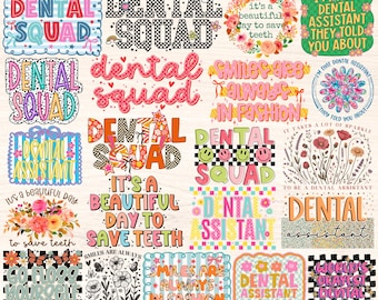 Zahnarzthelferin Png-Bundle, Dental Squad Png, Sublimationsdesigns für Zahnarzthelfer, Dalmatiner Punkte, Retro Groovy Floral Coquette Bow-Datei