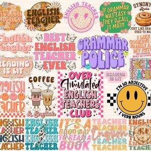 Paquete de profesores de inglés en formato PNG, profesor de lectura de libros en formato PNG, diseño de sublimación de puntuación que salva vidas, gramática importante en formato PNG, te hizo leer en formato PNG