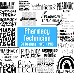 Pode incluir: Uma coleção de designs de técnico de farmácia em preto e branco. Os designs incluem texto como "Pharmacy Tech", "Pharmacy Technician" e "Educated Drug Dealer". A imagem também inclui um retângulo azul com o texto "Pharmacy Technician 20 Designs SVG + PNG."