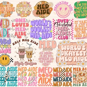 May include: A collection of colorful digital designs featuring the phrase "Med Aide" in various fonts and styles. The designs include flowers, smiley faces, and checkered patterns.