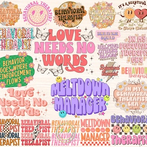 Op de afbeelding: Een verzameling kleurrijke retro-grafische ontwerpen met zinnen die betrekking hebben op gedragstherapie. De ontwerpen bevatten zinnen als "Liefde heeft geen woorden nodig", "Meltdown Manager" en "In mijn tijdperk van gedragstherapeut".