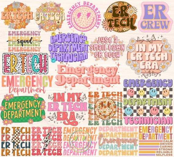 ER Tech Png Bundle, Emergency Department Png, Emergency Room Tech Sublimation Designs, Ed Technician Png, Retro Groovy Floral Boho Download
