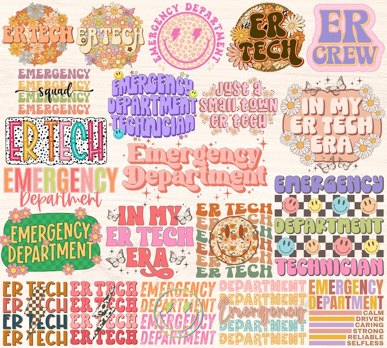 May include: A collection of colorful digital stickers featuring text and graphics related to the emergency room. The stickers feature phrases like "ER Tech", "Emergency Department", "In My ER Tech Era", and "Just a Small Town ER Tech". The stickers are decorated with flowers, butterflies, and smiley faces.