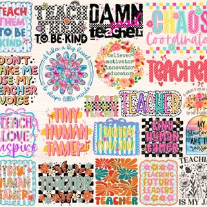 以下が含まれることがあります： 「Teach Them To Be Kind」や「Chaos Coordinator」などのフレーズが特徴の、カラフルな教師をテーマにしたデザインのコレクション。 花柄、チェック柄、虹色の要素が特徴で、教室の装飾や教師へのギフトに最適です。