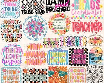 Leraar png-bundel, leraar leven png, cadeau leraar waardering, terug naar school, retro groovy bloemen geruite strik, grappig citaat van de leraar