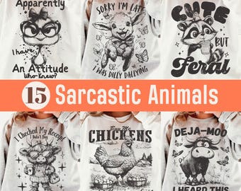 Sarcastic Animal Png Bundle, Funny Retro Raccoon Png, Snarky Goose, Sassy Highland Cow Duck, Dilly Dally Sheep, Chicken Local Egg Dealer