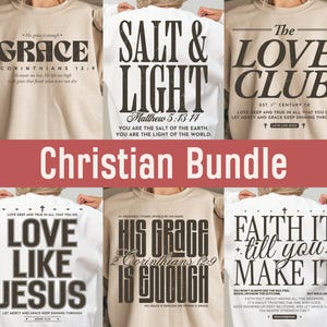 May include: A bundle of Christian-themed sweatshirts in various colors. Each sweatshirt features inspirational quotes and Bible verses in bold, dark lettering. The text includes phrases like "Grace," "Salt & Light," and "Love Like Jesus."