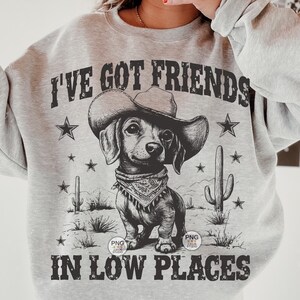 May include: Gray sweatshirt with a black and white illustration of a dachshund wearing a cowboy hat. The text "I've got friends in low places" is printed on the sweatshirt.