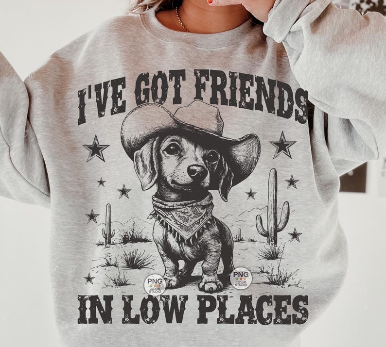 May include: Gray sweatshirt with a black and white illustration of a dachshund wearing a cowboy hat. The text "I've got friends in low places" is printed on the sweatshirt.