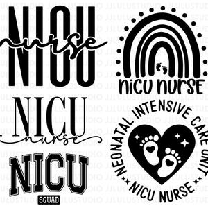 May include: A collection of black and white graphics featuring text related to NICU nurses. Designs include the words "NICU nurse" in various fonts, a rainbow with footprints, and a heart with footprints and the text "Neonatal Intensive Care Unit".
