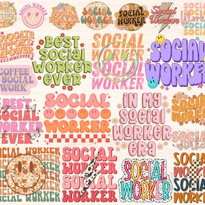 Pode incluir: Uma coleção de adesivos digitais coloridos com o texto "Social Worker" em várias fontes e designs. Os adesivos apresentam flores, borboletas, carinhas sorridentes e padrões xadrez.