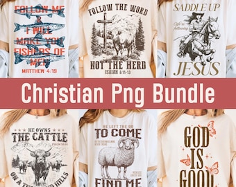 May include: A set of six Christian-themed graphic designs for t-shirts. The designs feature various Christian quotes and imagery, including fish, a cross, a mountain, a herd of cattle, a sheep, and butterflies. The designs are in a vintage style with brown and white colours.
