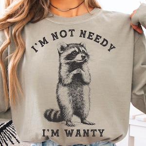 May include: A light grey sweatshirt with a black and white illustration of a raccoon. The text "I'm not needy I'm wanty" is printed on the sweatshirt.