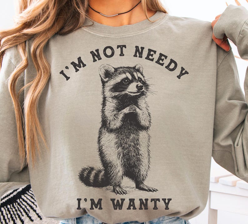May include: A light grey sweatshirt with a black and white illustration of a raccoon. The text "I'm not needy I'm wanty" is printed on the sweatshirt.