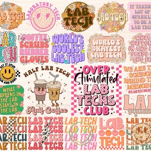 May include: A selection of vibrant, retro-style stickers and graphics featuring phrases such as "Lab Tech," "Half Coffee," and "Over Stimulated Lab Techs Club." Designs include smiley faces, flowers, and coffee cups. The colour scheme is mainly pink, orange, and brown.