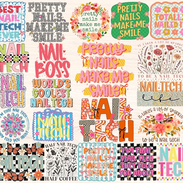 Nail Tech Png Bundle, Nail Hustler Boss Sublimation Designs, Retro Groovy Floral Checkered Bow, Funny Nail Tech Quotes Sayings Printable